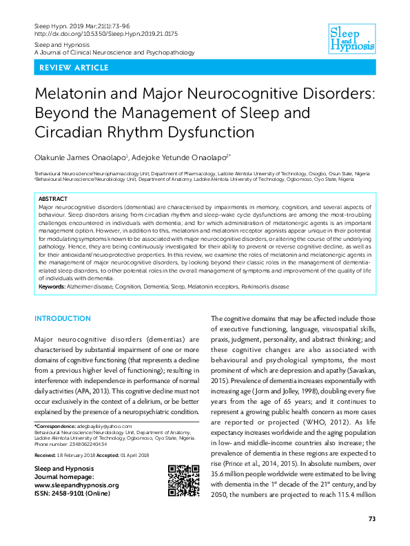 (PDF) Melatonin and Major Neurocognitive Disorders: Beyond the ...