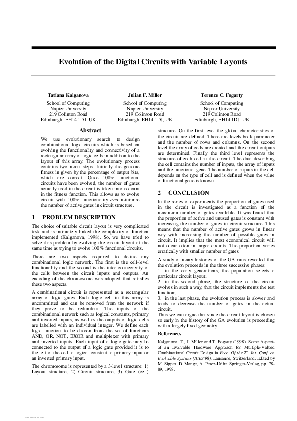 (PDF) Evolution of the Digital Circuits with Variable Layouts