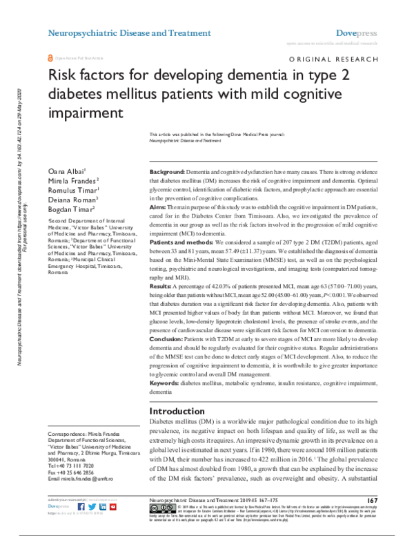 (PDF) Risk factors for developing dementia in type 2 diabetes mellitus ...