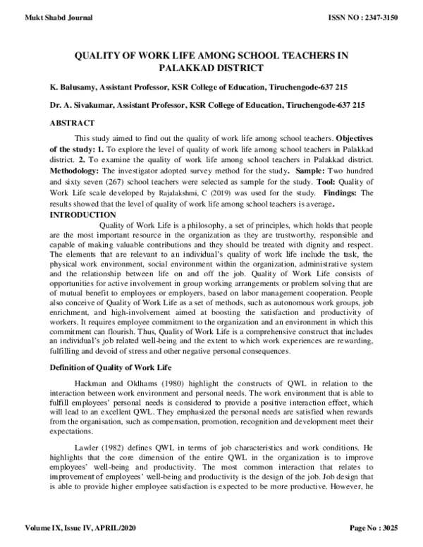 (PDF) QUALITY OF WORK LIFE AMONG SCHOOL TEACHERS IN PALAKKAD DISTRICT
