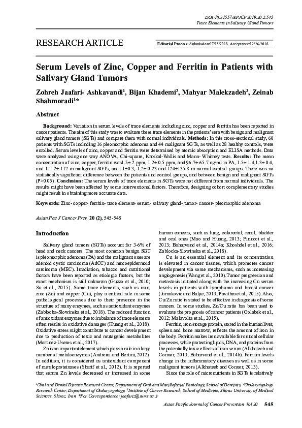 (PDF) Serum Levels of Zinc, Copper and Ferritin in Patients with ...
