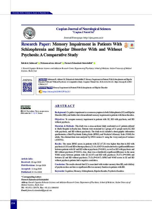 (PDF) Memory Impairment in Patients With Schizophrenia and Bipolar ...