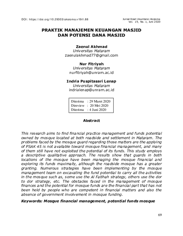 Pdf Praktik Manajemen Keuangan Masjid Dan Potensi Dana Masjid