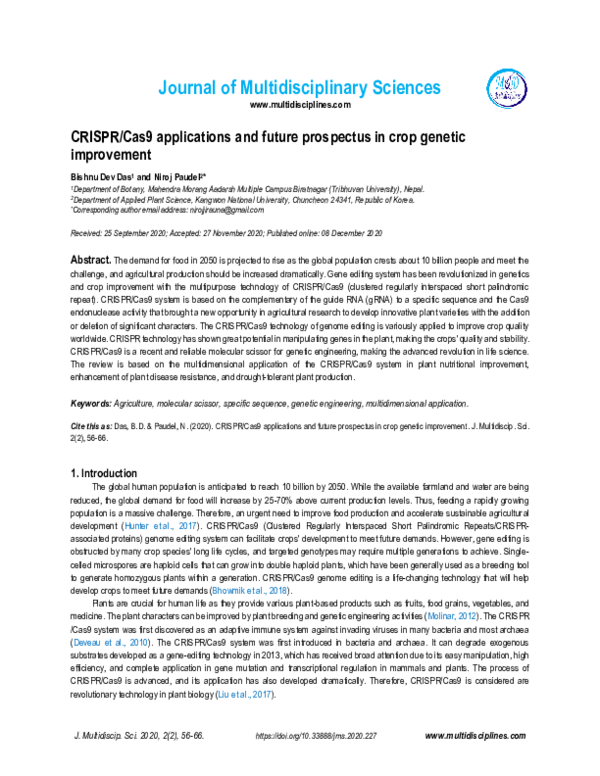 (PDF) CRISPR/Cas9 applications and future prospectus in crop genetic ...