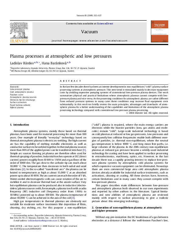 (PDF) Plasma processes at atmospheric and low pressures