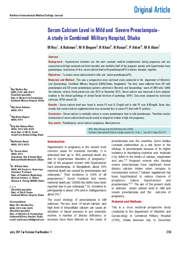 (PDF) Serum Calcium Level in Mild and Severe Preeclampsia- A study in ...
