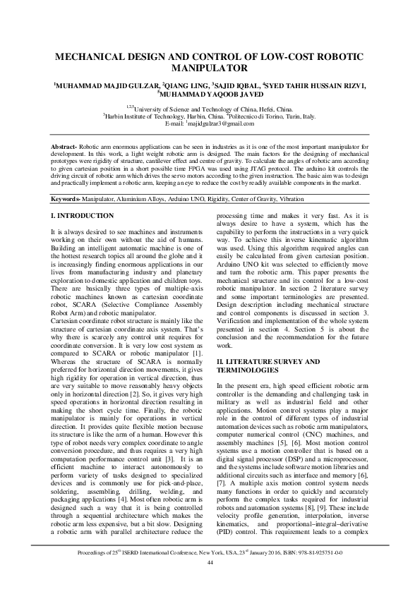 (PDF) Mechanical Design and Control of Low-Cost Robotic Manipulator