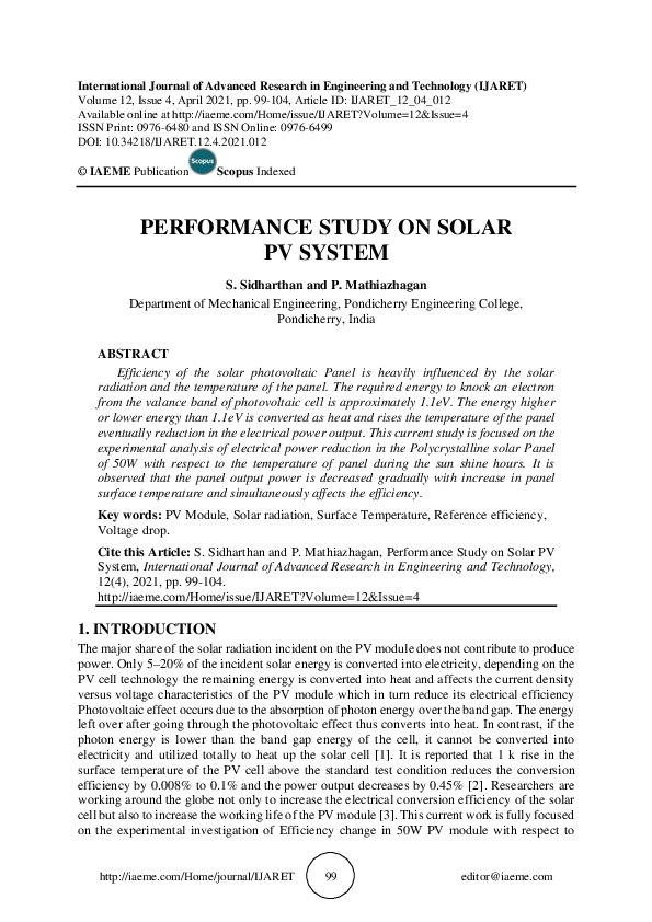 (PDF) PERFORMANCE STUDY ON SOLAR PV SYSTEM