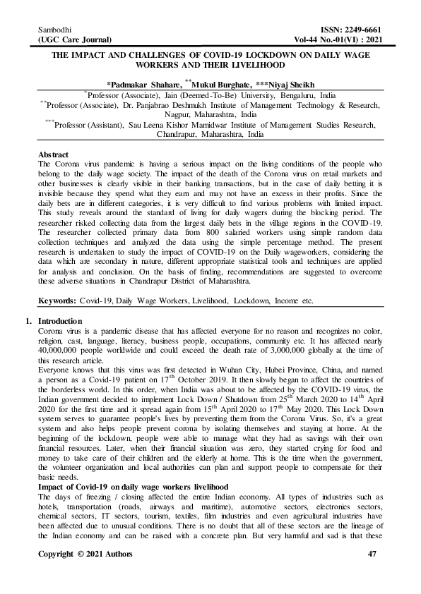 (PDF) The Impact and Challenges of Covid-19 Lock-down on Daily Wage ...