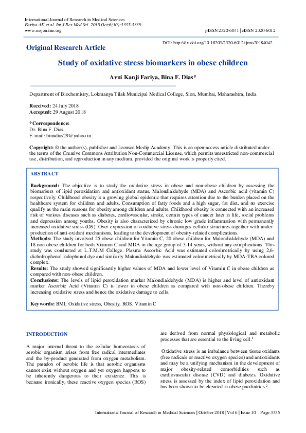 (PDF) Study of oxidative stress biomarkers in obese children