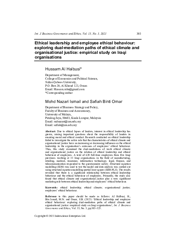 (PDF) Ethical leadership and employee ethical behaviour
