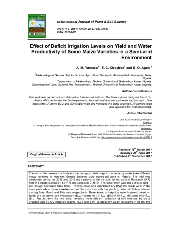 (PDF) Effect of Deficit Irrigation Levels on Yield and Water ...