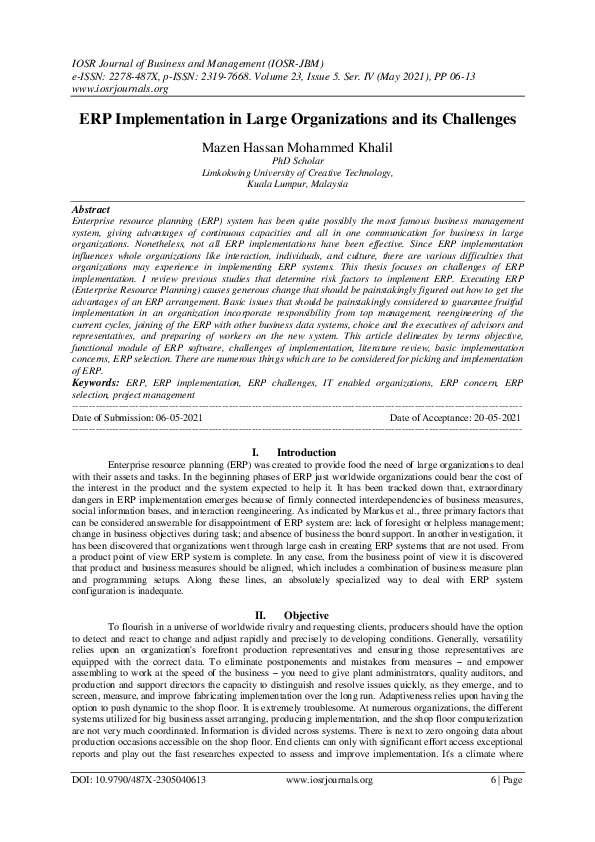 (PDF) ERP Implementation in Large Organizations and its Challenges