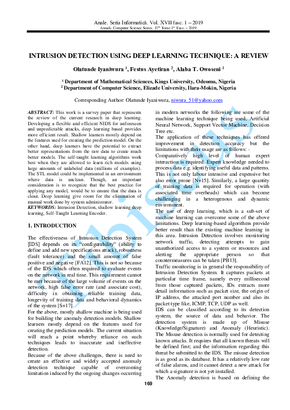 (PDF) INTRUSION DETECTION USING DEEP LEARNING TECHNIQUE: A REVIEW