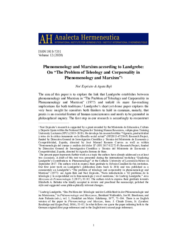 (PDF) Phenomenology and Marxism according to Landgrebe: On “The Problem ...