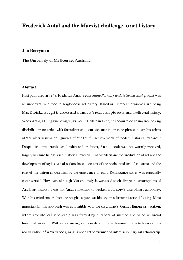 (PDF) Frederick Antal and the Marxist challenge to art history