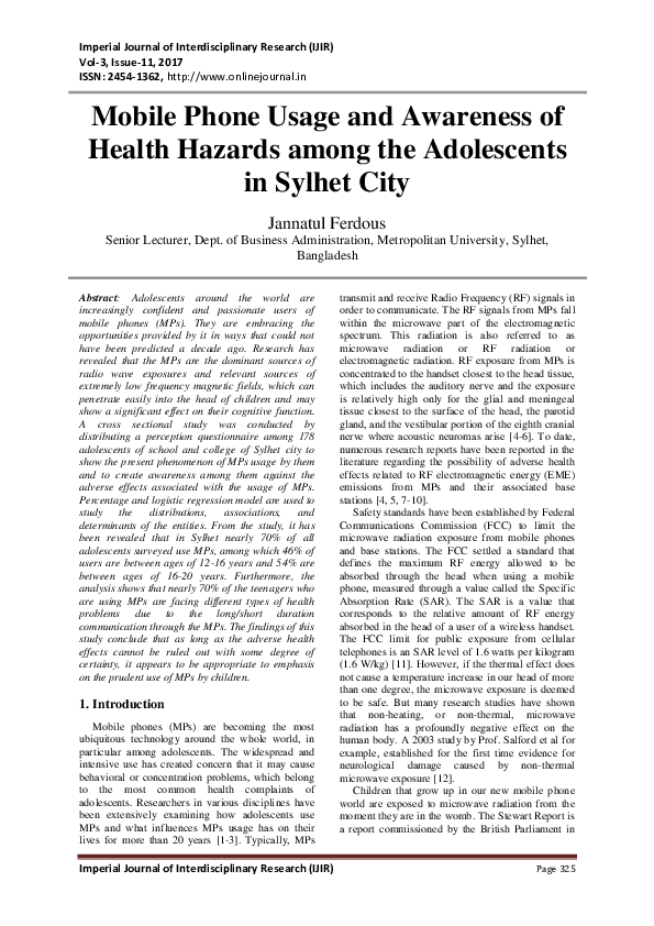 (PDF) Mobile Phone Usage and Awareness of Health Hazards among the ...