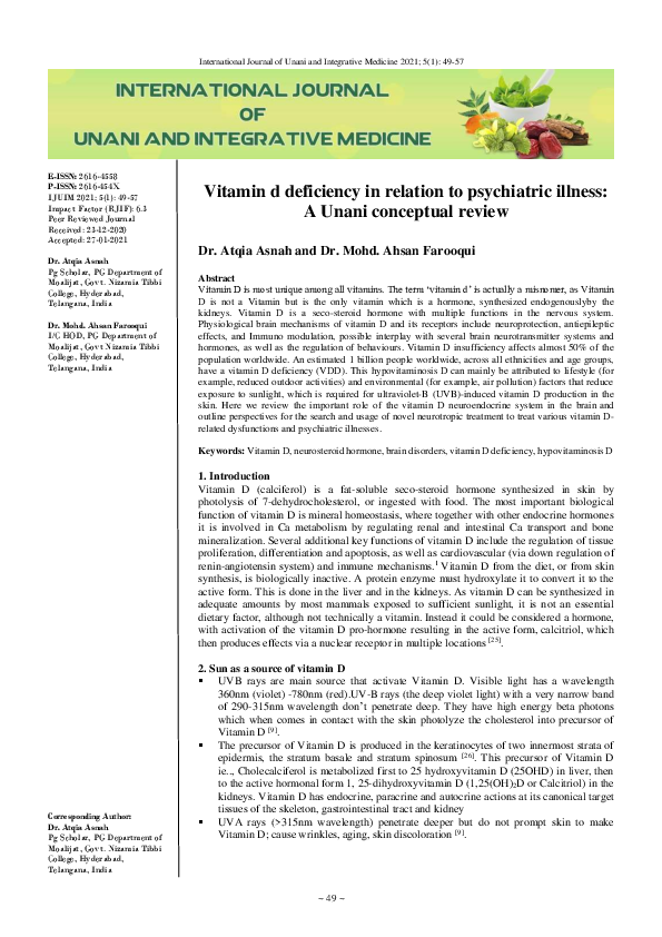 (PDF) Vitamin d deficiency in relation to psychiatric illness A Unani