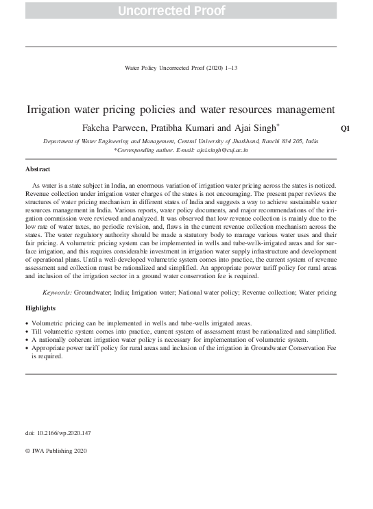 (PDF) Irrigation water pricing policies and water resources management