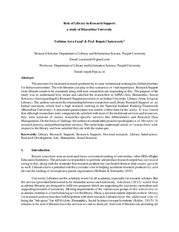 (PDF) Role of Library in Research Support: a study of Bharathiar University