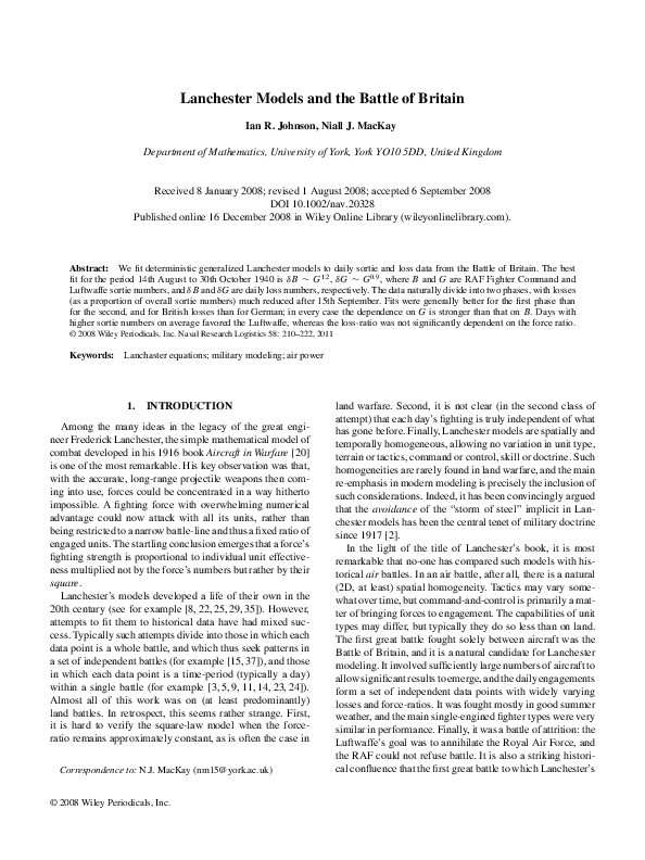 (PDF) Lanchester models and the battle of Britain