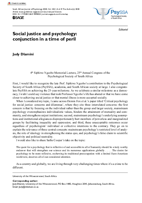 (PDF) Social justice and psychology: conjunction in a time of peril