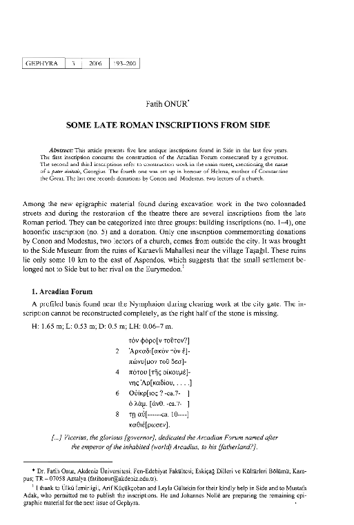 (PDF) Some Late Roman Inscriptions from Side