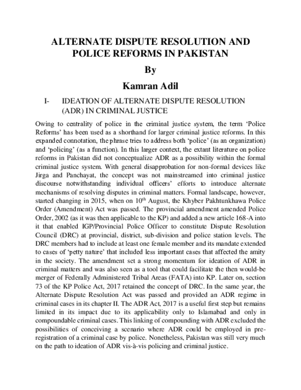 (PDF) ALTERNATE DISPUTE RESOLUTION AND POLICE REFORMS IN PAKISTAN