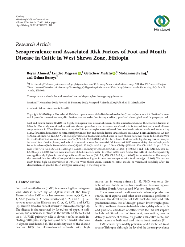 (PDF) Seroprevalence and Associated Risk Factors of Foot and Mouth ...