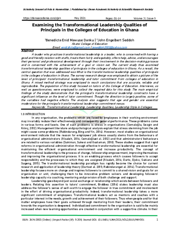 (PDF) Examining the Transformational Leadership Qualities of Principals