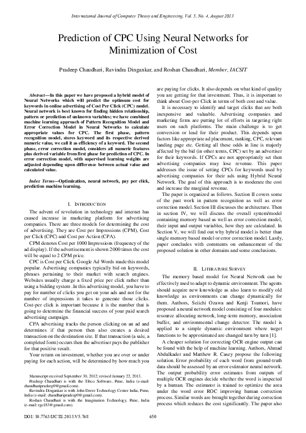 (PDF) Prediction of CPC Using Neural Networks for Minimization of Cost