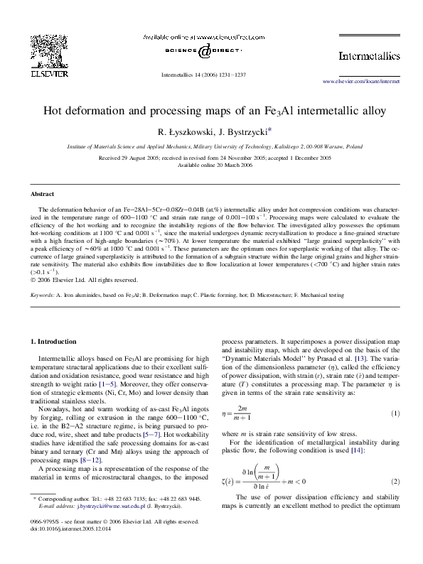 (PDF) Hot deformation and processing maps of an Fe3Al intermetallic alloy
