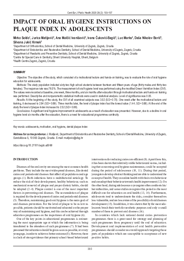 (PDF) Impact of oral hygiene instructions on plaque index in adolescents