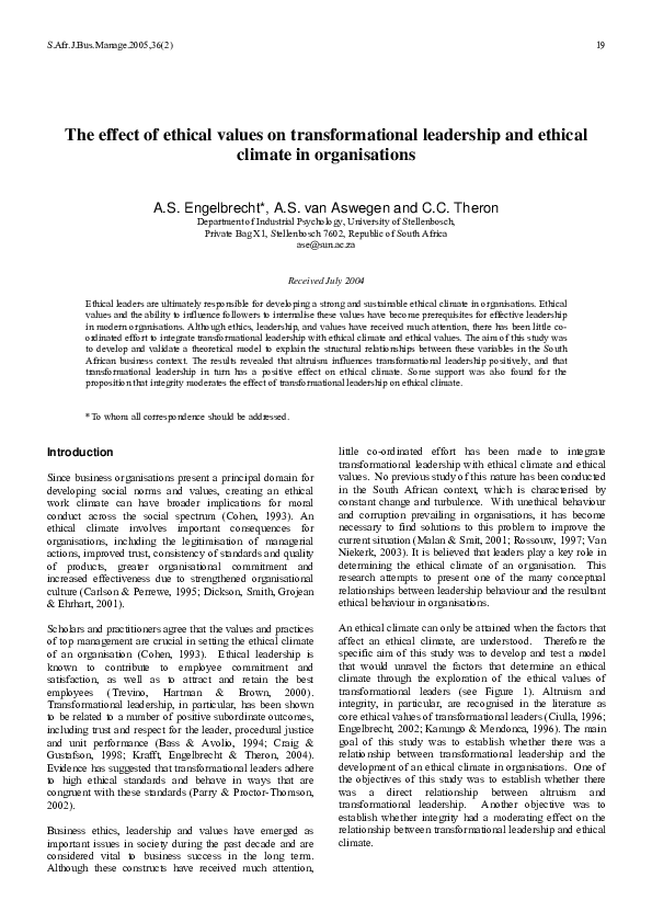(PDF) The effect of ethical values on transformational leadership and ...