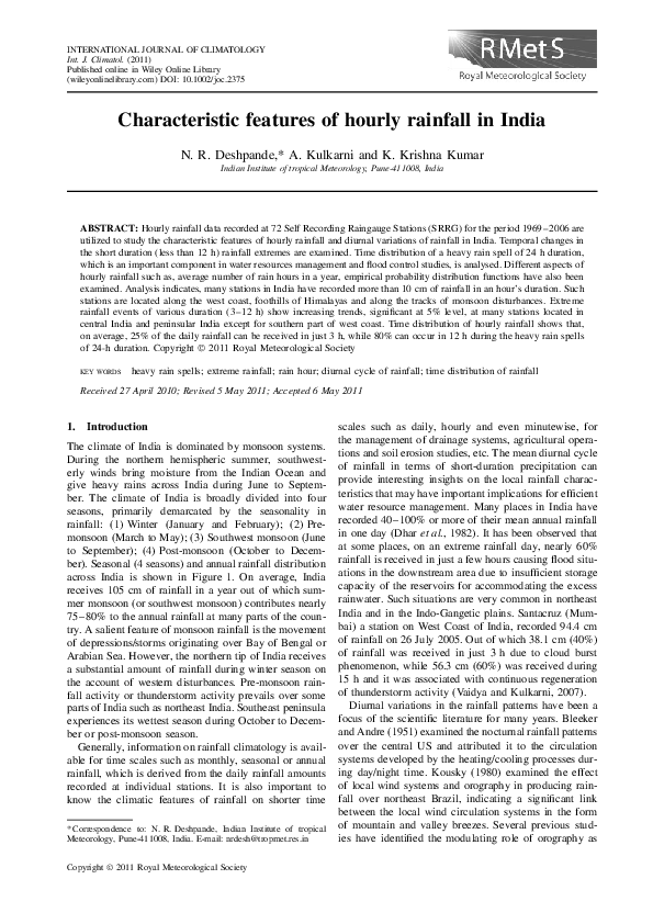 (PDF) Characteristic features of hourly rainfall in India