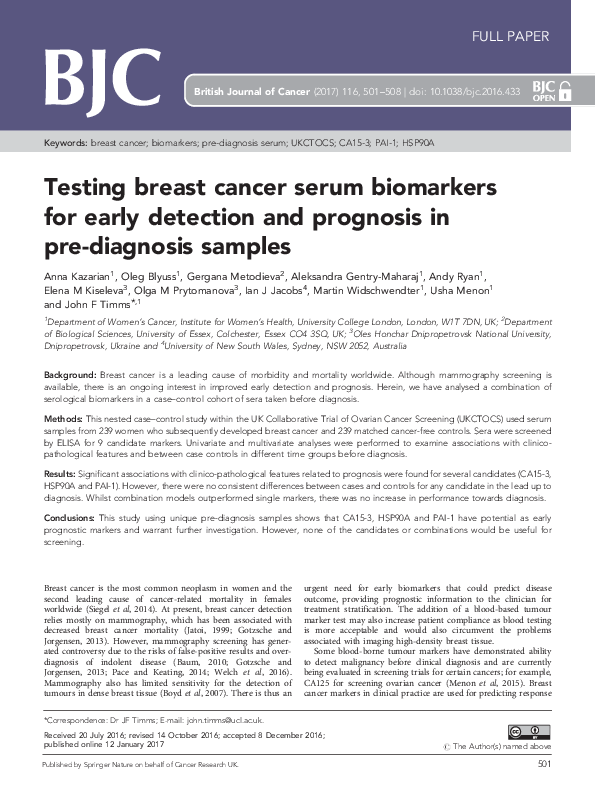 (PDF) Testing breast cancer serum biomarkers for early detection and ...