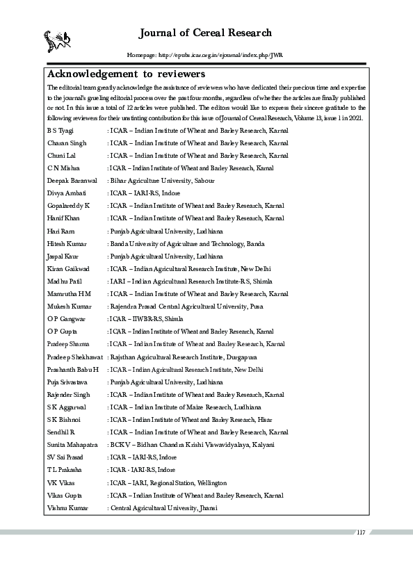 (PDF) Acknowledgement to reviewers , 2021, Volume 13 (1)117 Journal