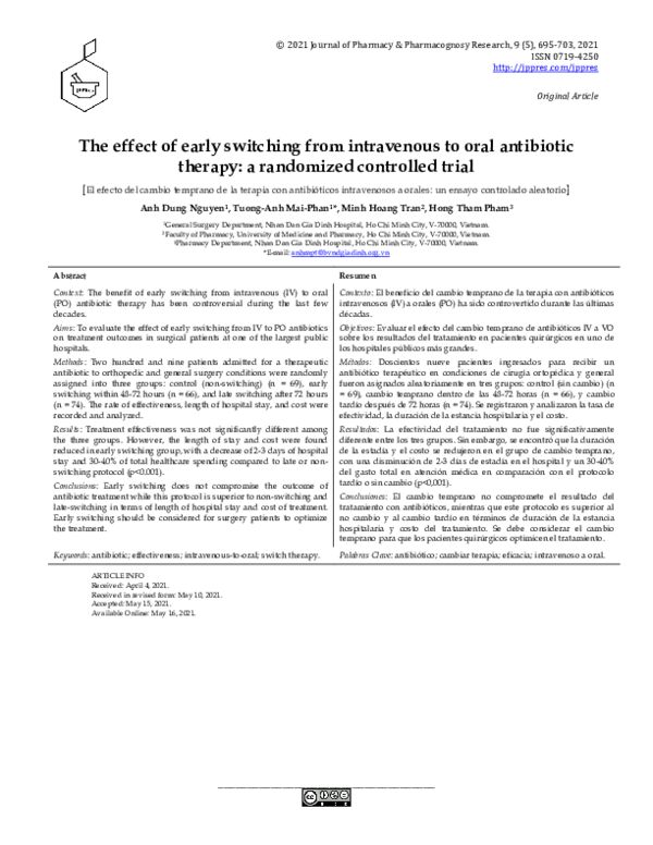 (PDF) The effect of early switching from intravenous to oral antibiotic ...