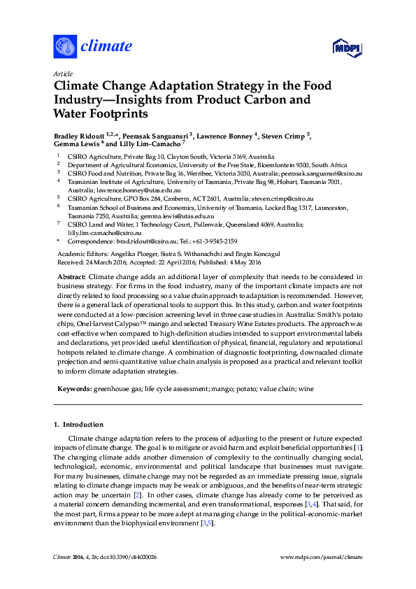 (PDF) Climate Change Adaptation Strategy in the Food Industry—Insights ...