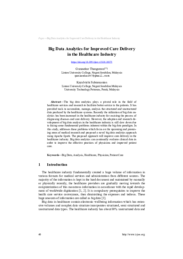(PDF) Big Data Analytics for Improved Care Delivery in the Healthcare ...