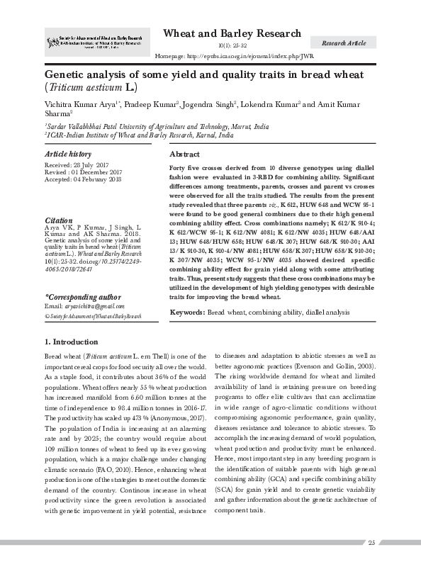 (PDF) Genetic analysis of some yield and quality traits in bread wheat ...