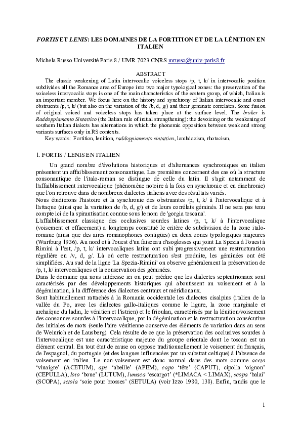 (PDF) Fortis et Lenis : les domaines de la fortition et lénition en italien