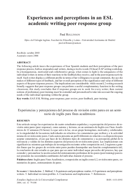 (PDF) Experiences and perceptions in an ESL academic writing peer ...