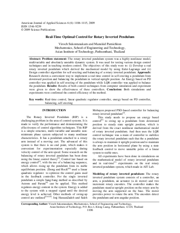 (PDF) Real-Time Optimal Control for Rotary Inverted Pendulum