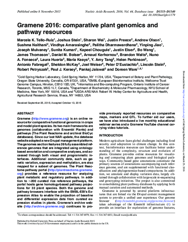 (PDF) Gramene 2016: comparative plant genomics and pathway resources