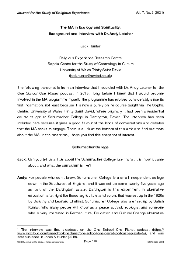 (PDF) The MA in Ecology and Spirituality: Background and Interview with ...