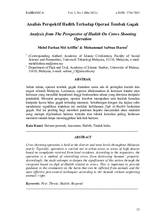 PDF) ANALISIS PERSPEKTIF HADITH TERHADAP OPERASI TEMBAK GAGAK 