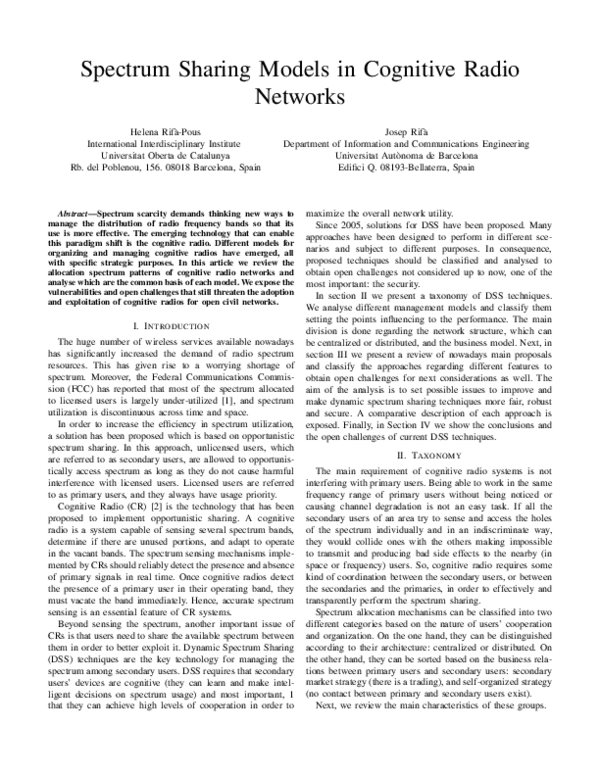 (PDF) Spectrum Sharing Models in Cognitive Radio Networks
