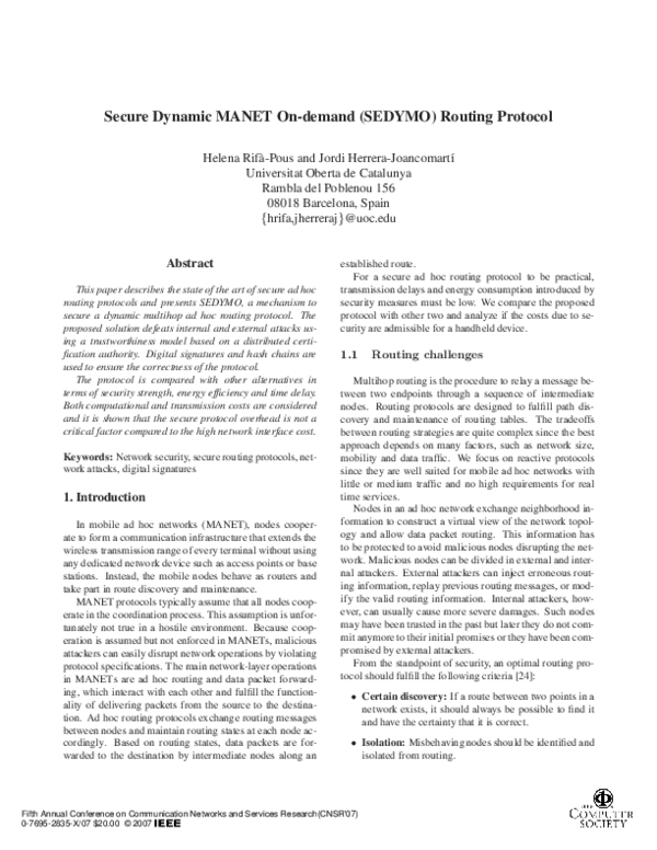 (PDF) Secure Dynamic MANET On-demand (SEDYMO) Routing Protocol