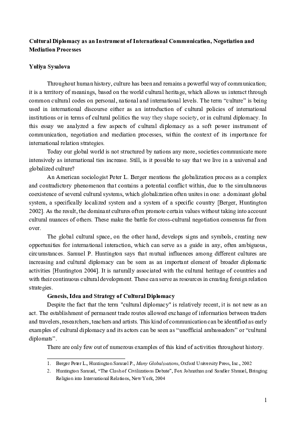 (PDF) Cultural Diplomacy as an Instrument of International ...